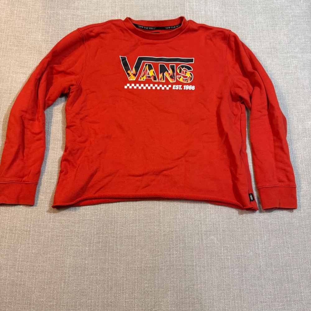 Vans Off The Wall Red Flame Logo Sweatshirt XL Pullover Graphic Cropped Raw Hem